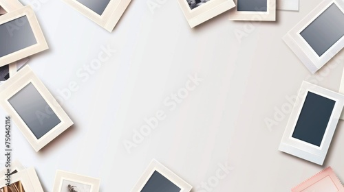 A white table covered with various pictures. Ideal for design projects