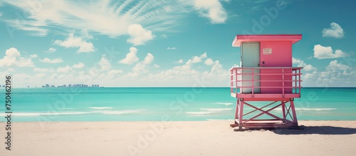 Serene Lifeguard Chair Overlooking Beautiful Ocean on South Beach Miami Coastline © HN Works