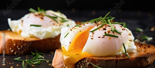Savory Poached Egg Delicately Placed on Crispy Baguette Toast for a Gourmet Breakfast