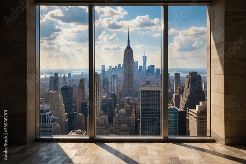 Empty interior from high-rise window showcasing expensive real estate with cityscape of skyscrapers in Midtown NYC at daytime © StockArtEmpire.AI
