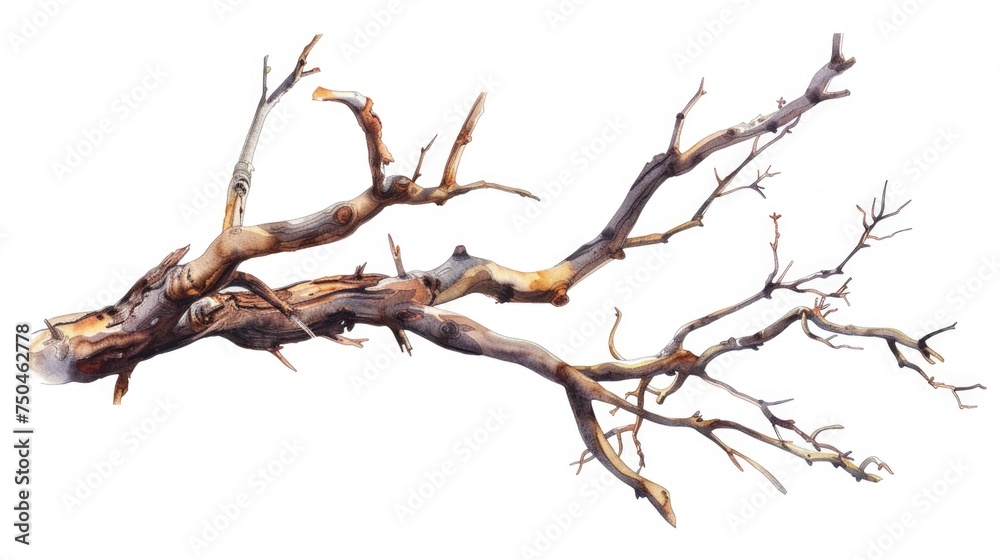 A realistic watercolor painting of a dead tree branch. Suitable for nature themes