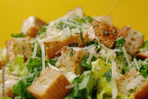 Close up of a delicious salad with crunchy croutons and grated parmesan cheese. Perfect for food blogs and healthy eating websites