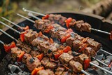 Outdoor picnic with grilling fresh meat shish kebab (shashlik) on a steel skewers on a grill wood coal. BBQ on summer picnic in green garden. 