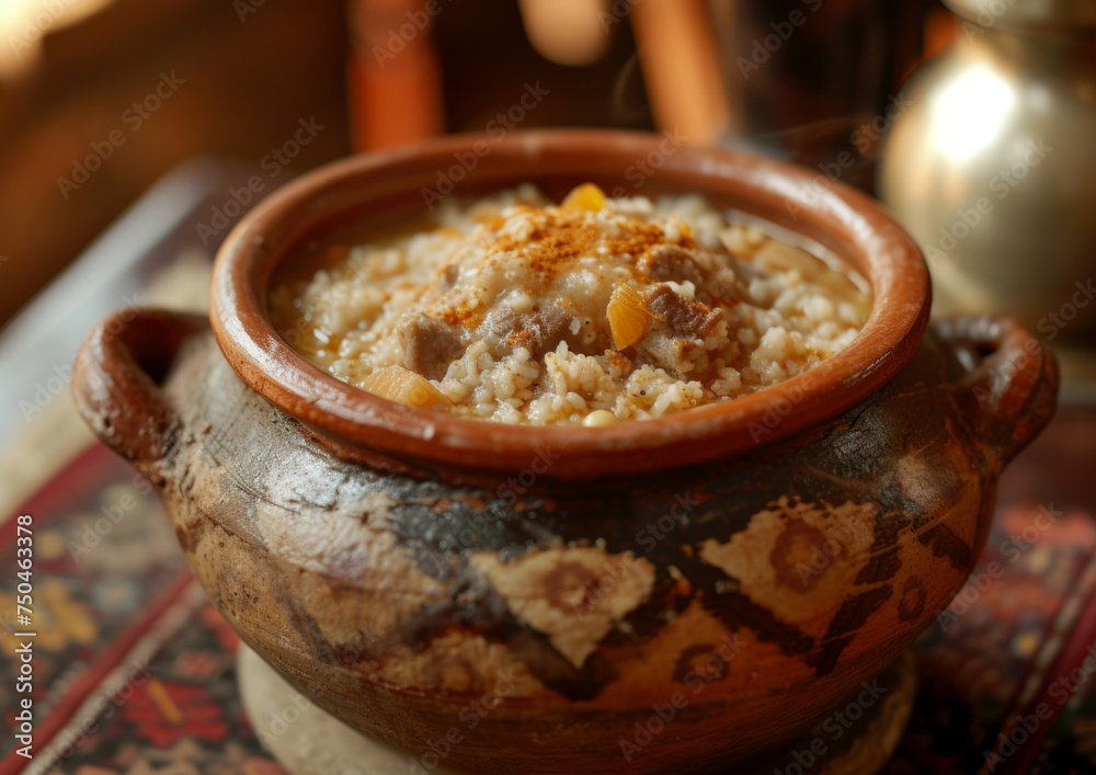 Qatari Harees, wheat and meat porridge, served in a traditional clay pot. Authentic Middle Eastern food concept. Design for cultural cookbook, culinary blog, food history article Qatari Harees, wheat and meat porridge, served in a traditional clay pot. Authentic Middle Eastern food concept. Design for cultural cookbook, culinary blog, food history article
