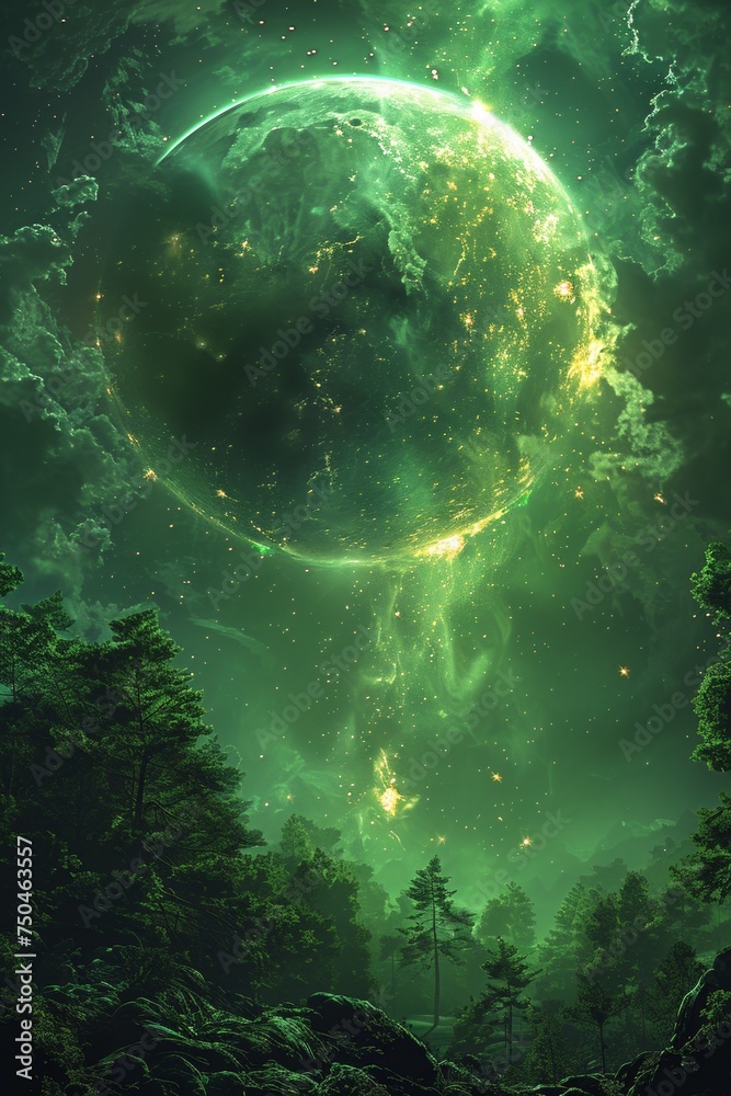 Breathtaking space scene with stars, galaxies and nebulae on a green background.