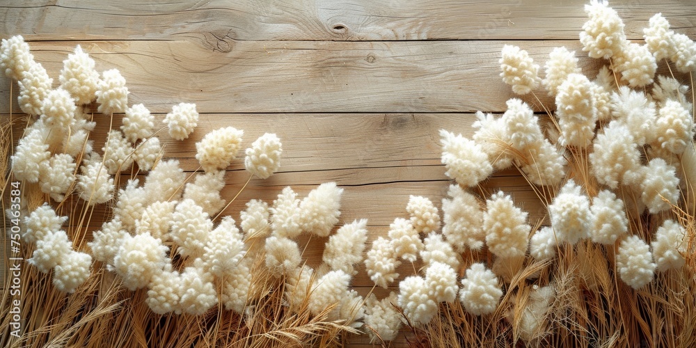 White dried flowers are beautifully laid out on a wooden background.