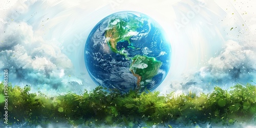 The picture of the earth against a green forest background is a beautiful image of the planet. © Iryna