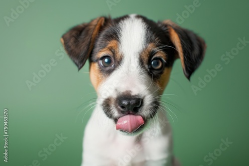 Portrait cute puppy dog licking its lips looking at camera. Isolated on green background 