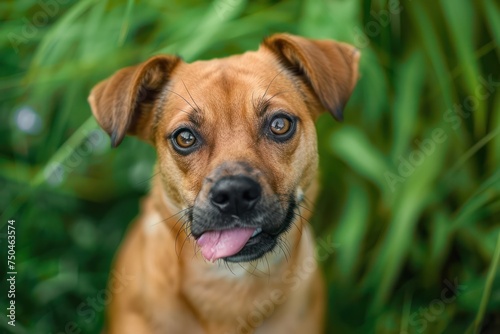 Portrait cute puppy dog licking its lips looking at camera. Isolated on green background 