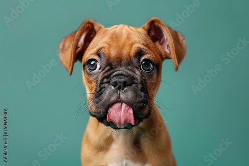 Portrait cute puppy dog licking its lips looking at camera. Isolated on green background 