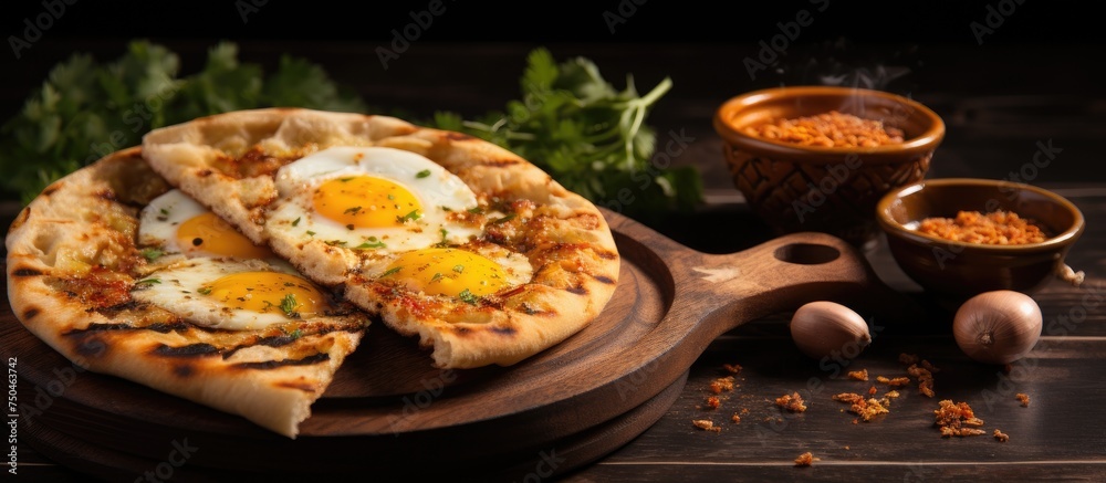 Delicious Turkish Breakfast Delight: Egg and Cheese Pizza Served on Rustic Wooden Board