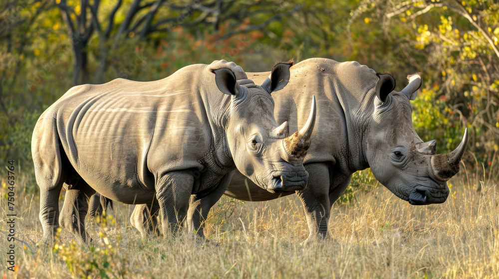 Obraz premium Two wild rhinos standing side by side in the savannah, a sight of companionship in the wild.