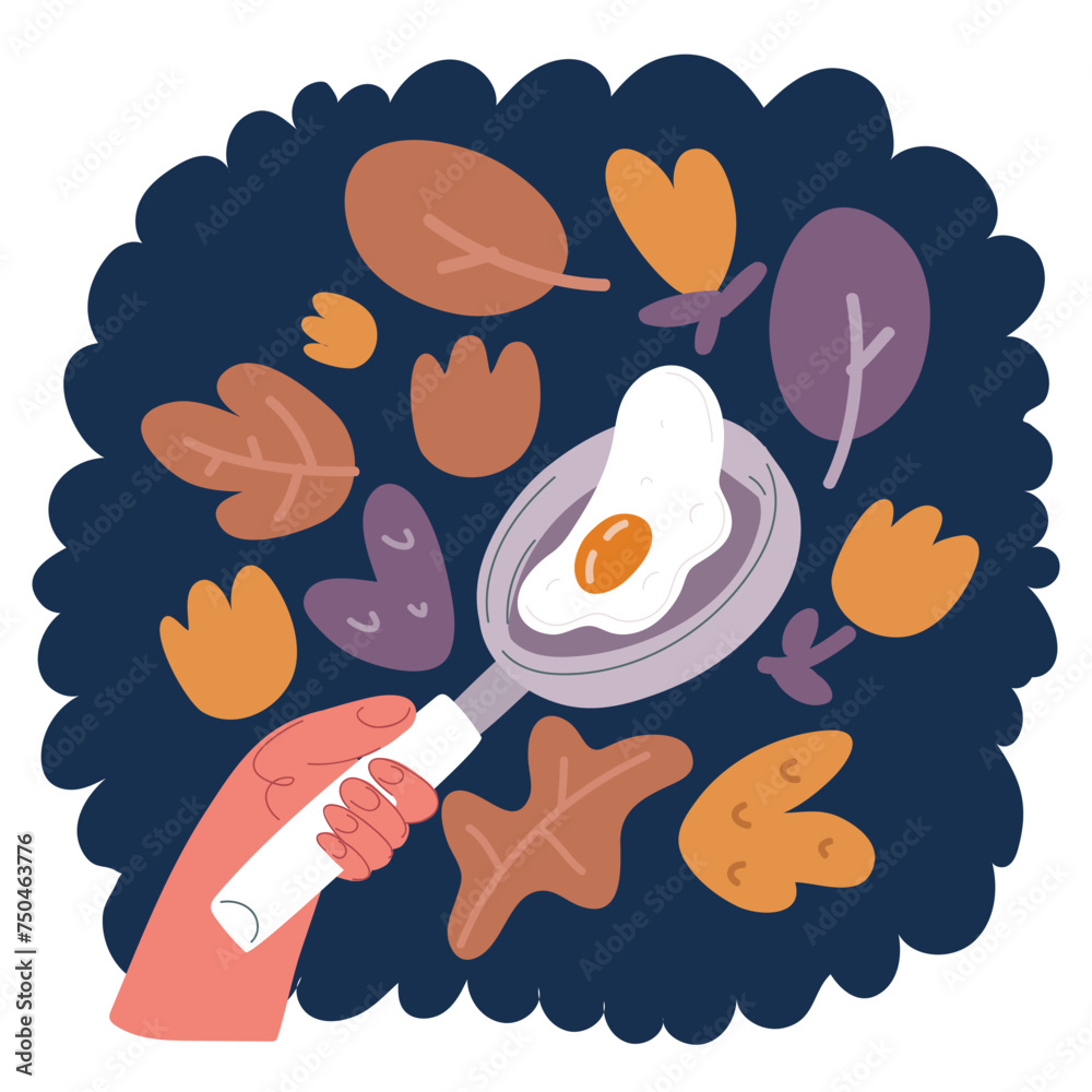 Cartoon vector illustration of hand holding a pan with egg on pan Cartoon vector illustration of hand holding a pan with egg on pan