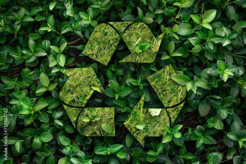 recycling sign with green grass and leaves 