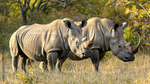 Two wild rhinos standing side by side in the savannah  a sight of companionship in the wild.