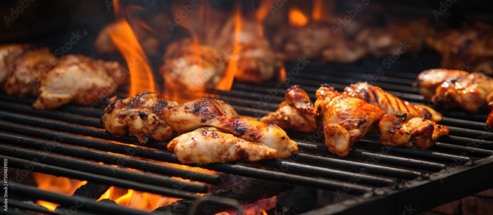 Sizzling BBQ Chicken Over Fire Grill at Outdoor Market