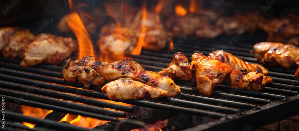 Sizzling BBQ Chicken Over Fire Grill at Outdoor Market Sizzling BBQ Chicken Over Fire Grill at Outdoor Market