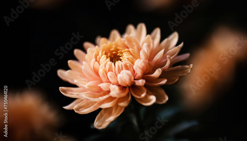 Close-up of a blooming peach fuzz chrysanthemum, showcasing its intricate petal structure and vibrant color against a dark background.