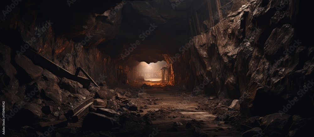 Industrial Train Passing Through Dark Underground Ore Face Tunnel