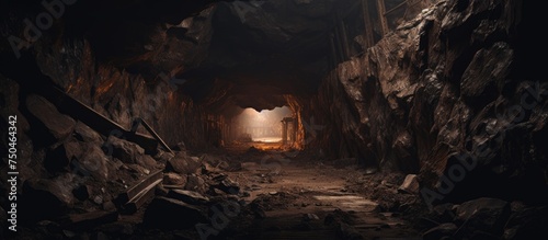 Industrial Train Passing Through Dark Underground Ore Face Tunnel
