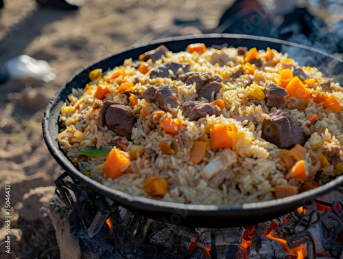 Uzbek Plov, traditional rice and meat dish, cooked in a kazan over an open fire. Outdoor cooking concept with a focus on Central Asian cuisine for design and print