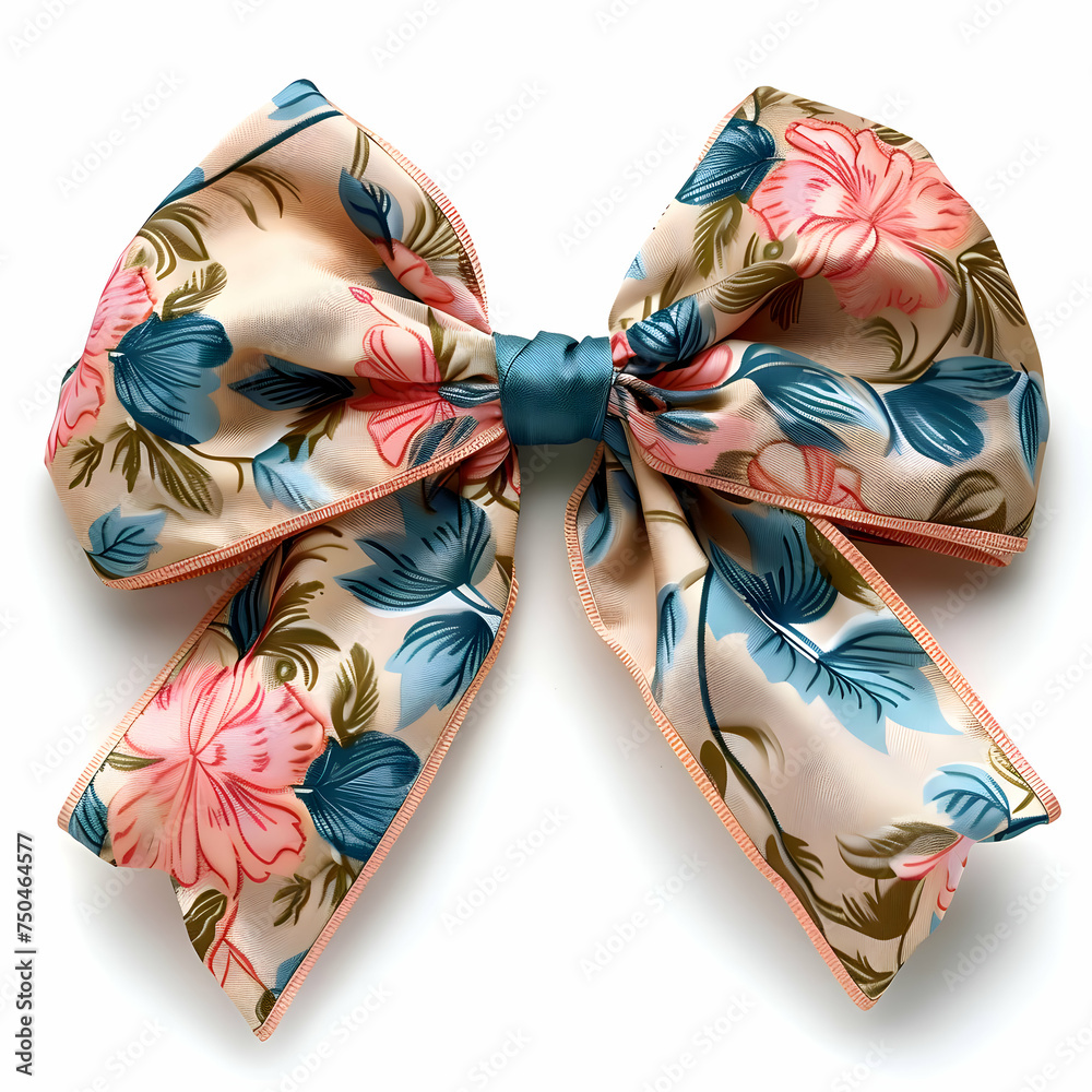 stylish bright bow with floral patterns. Blue, white, and pink colors. High-resolution