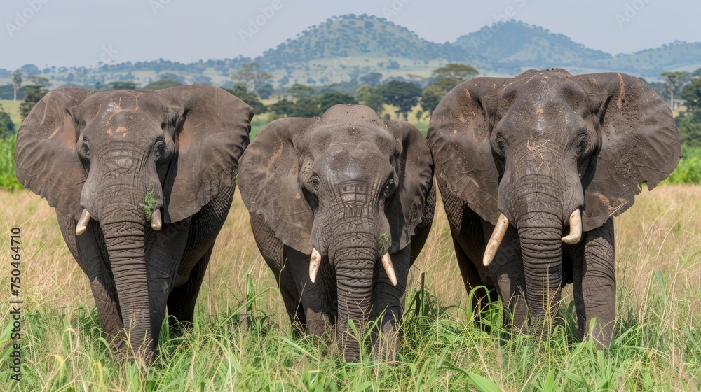 Naklejka premium Elephants roam freely in the Kenyan savannah, showcasing their majestic presence amidst the wild beauty of nature