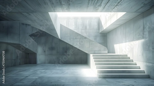 Abstract empty, modern concrete room with stairs and lighting from side wall - industrial interior background template, 3D illustration 
