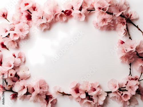 flat lay photo of sakura flowers (cherry blossoms) forming a frame on flat soft and glowing white background with copy space in the middle	