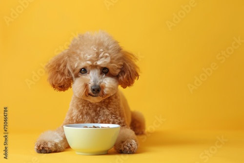 Toy poodle with empty bowl and food nutrients written on yellow background- Concept of dog food nutrition and diet  © Straxer