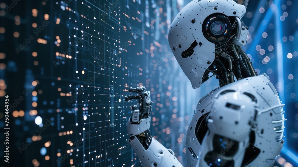 Futuristic Robot Analyzing Digital Data Streams in a Virtual Environment Futuristic Robot Analyzing Digital Data Streams in a Virtual Environment