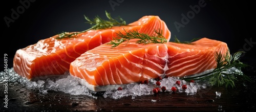 Fresh and Vibrant Salmon Steaks Displayed on Ice Ready for Cooking