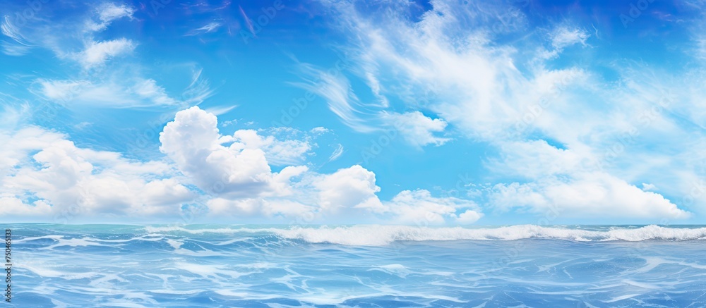 Tranquil Azure Sky and Fluffy Clouds Overlapping Sea Horizon View Tranquil Azure Sky and Fluffy Clouds Overlapping Sea Horizon View