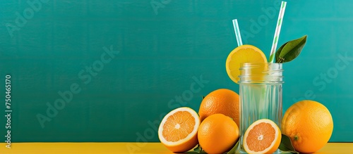Refreshing Citrus Delight: Glass of Orange Juice, Colorful Straw, and Fresh Oranges on Vibrant Surface