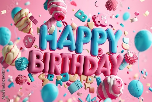 "HAPPY BIRTHDAY" text, happy birthday illustration stock, in the style of dark pink and light azure, action-packed cartoons, foampunk, high resolution