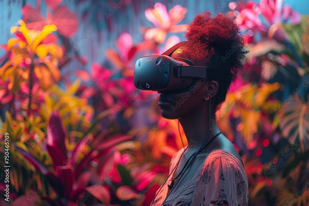 A person immersed in a virtual reality experience, their senses replaced by a pixelated tropical paradise A person immersed in a virtual reality experience, their senses replaced by a pixelated tropical paradise