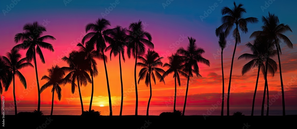 Serene Palm Trees Creating Beautiful Silhouettes Against a Vibrant and Colorful Sunset Sky