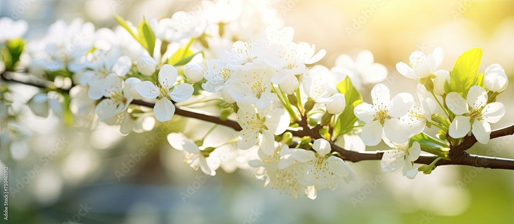 Delicate White Blossom Tree in a Sunlit Garden Close-Up Shot with Shallow Depth of Field