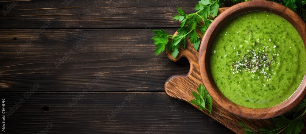 Rustic Presentation of Vibrant Green Pea Vegetarian Soup in a Wooden Bowl Rustic Presentation of Vibrant Green Pea Vegetarian Soup in a Wooden Bowl
