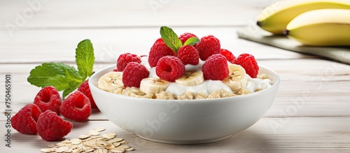 Nourishing Breakfast Bowl: Yories with Rass and Bananas - Healthy Oatmeal Eating Concept photo