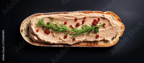 Exquisite Foie Gras Pate on Baguette Toast Garnished with Red Pepper and Dill