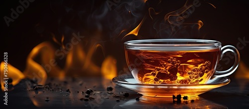 Soothing Cup of Tea Embraced by Warm Firelight on Reflective Surface
