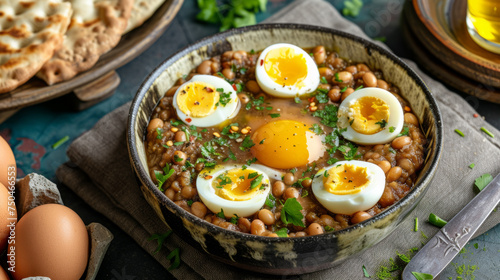 Egyptian Ful Medames with boiled eggs, traditional fava bean dish