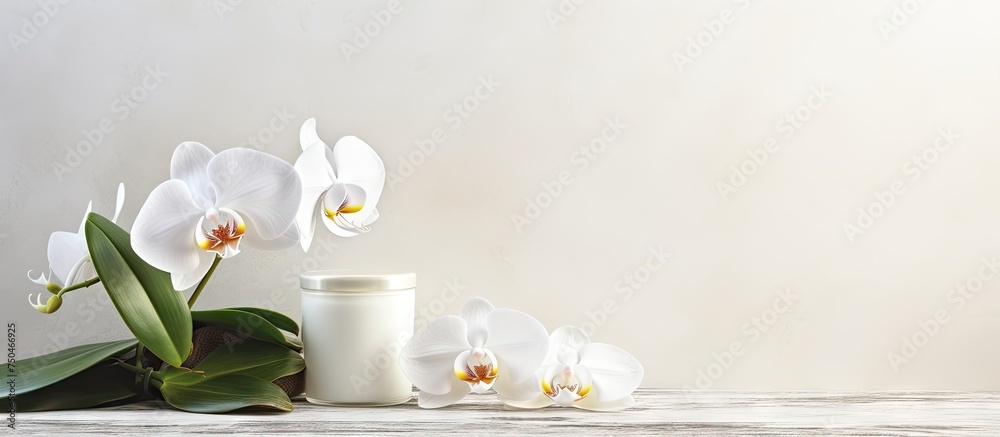 Elegant White Orchid Flowers Adorn a Wooden Table with Natural Beauty Products Elegant White Orchid Flowers Adorn a Wooden Table with Natural Beauty Products