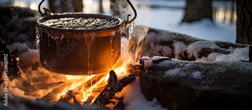 Traditional Maple Syrup Making: A Cauldron Boils Sap over a Fire in the Winter Snow