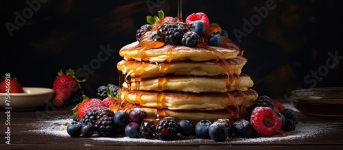 Delicious Stack of Pancakes with Sweet Berries and Caramel Syrup on Dark Wooden Table