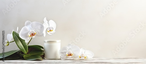 Elegant White Orchid Flowers Adorn a Wooden Table with Natural Beauty Products