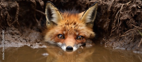 Curious Fox Peeks Out from a Mud Hole in the Forest Floor