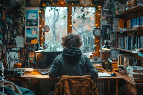A student studying diligently at a cluttered desk in their bedroom