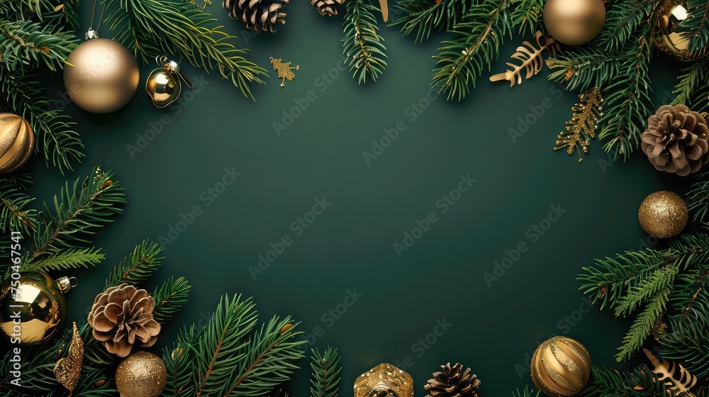 Festive Green Background Adorned with Christmas Fir Branches and Shimmering Gold Ornaments Festive Green Background Adorned with Christmas Fir Branches and Shimmering Gold Ornaments